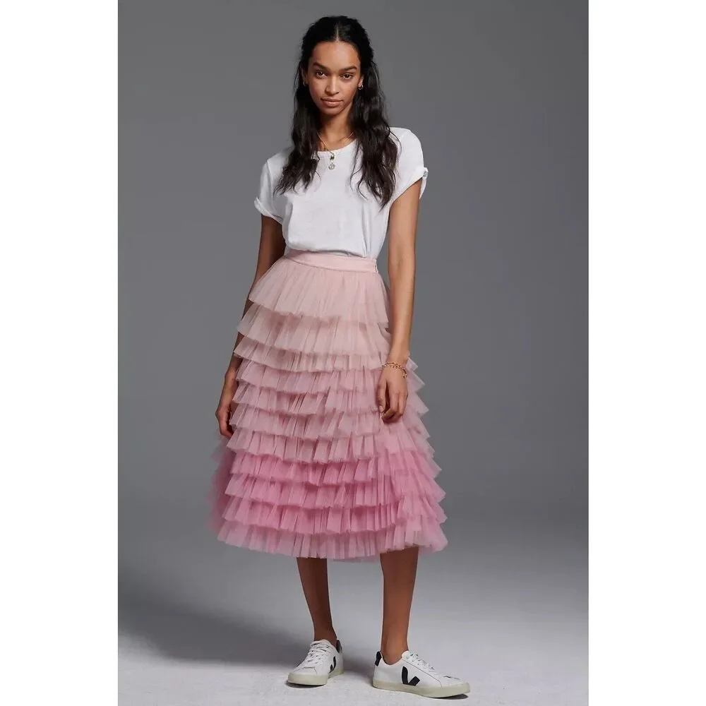 NWT Amthropologie Geisha Designs Tiered Ombre Tulle Midi Skirt Size Xs